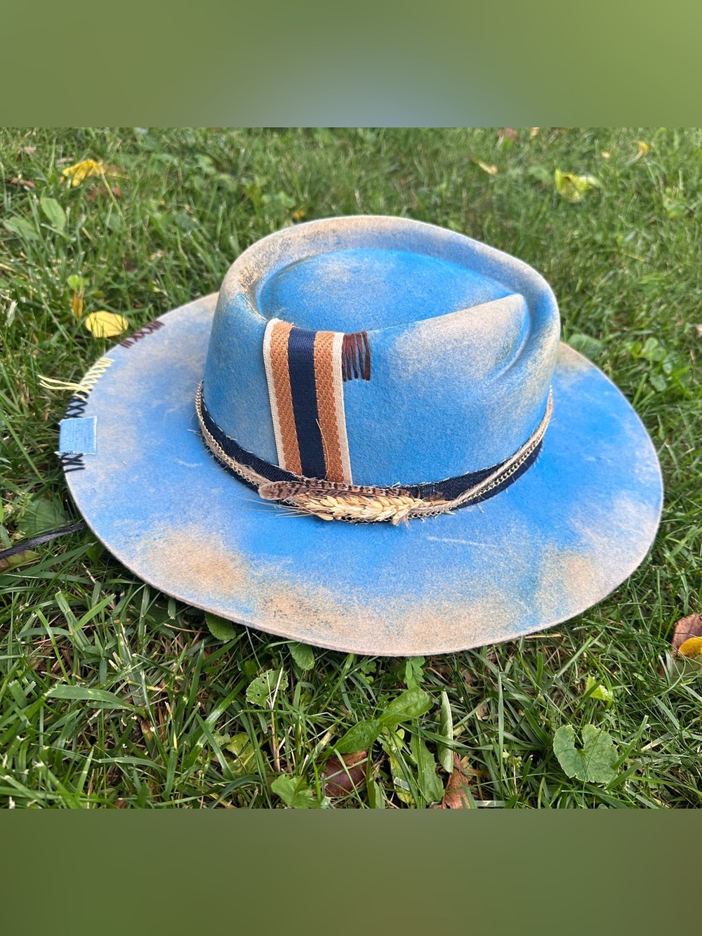 Vintage Style Distressed Wool Fedora Hat - Light Blue - Large Unisex Adjustable